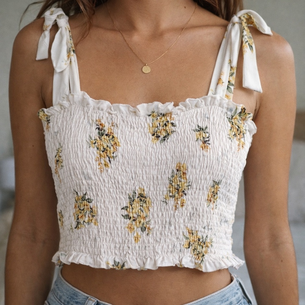 Show Me Your MuMu White Smocked Tie-Shoulder Floral Crop Top